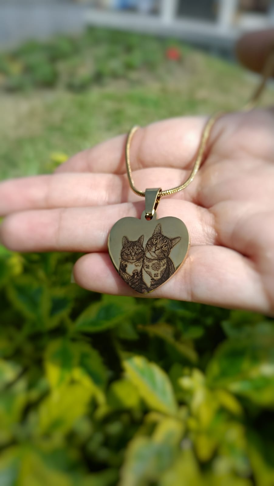 Collar de acero dorado en forma de corazón con la foto de dos gatos grabada