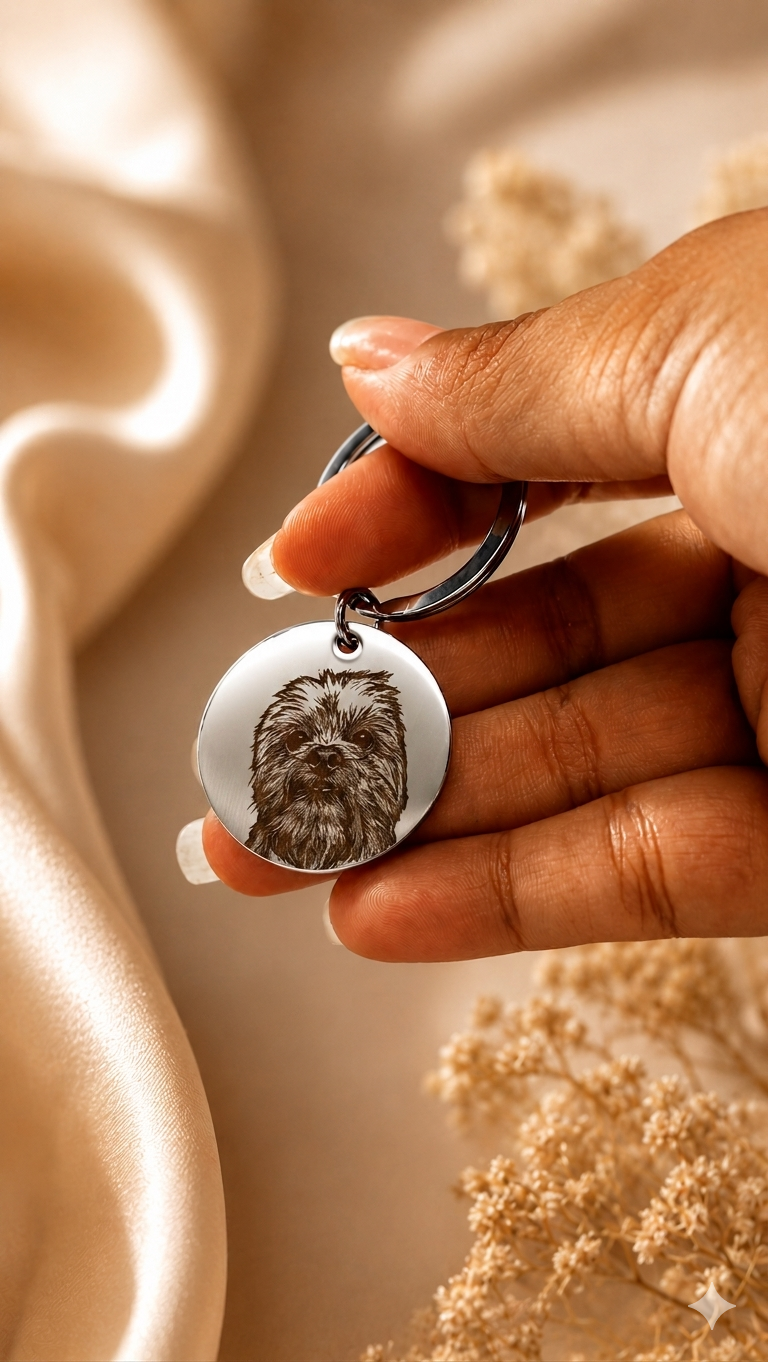 Llavero de acero con el retrato grabado de un perro