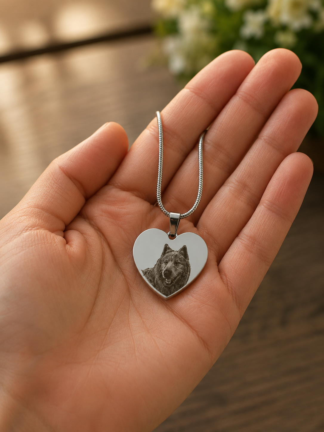 Collar de corazón plateado con el fotograbado de Neith