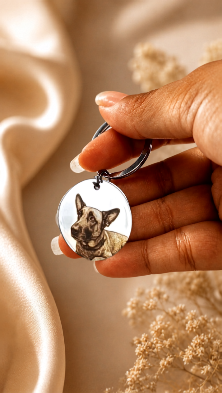 Llavero circular de acero con la foto de un perro grabada